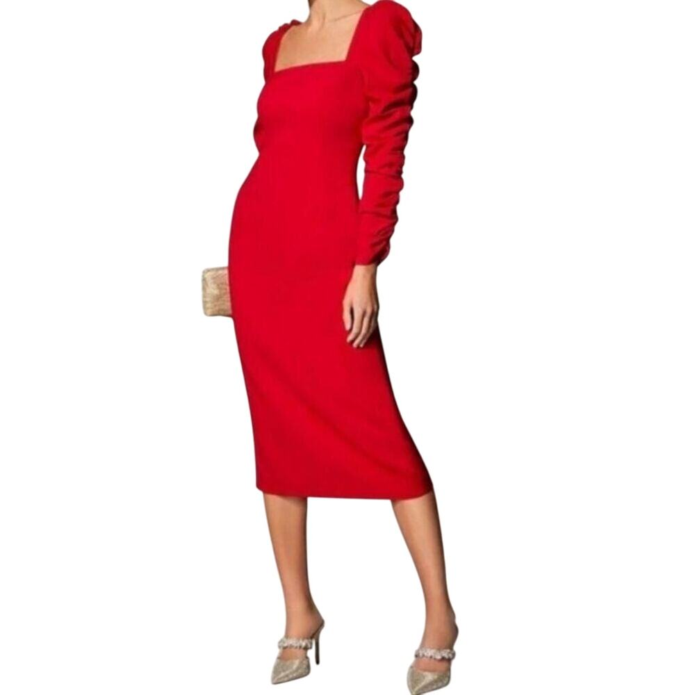 Antonio Melani Elena Crepe Square Neck Long Ruched Sleeve Midi Red Dress Size 2